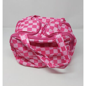 Pink Checkered Makeup Bag Travel Organizer Cosmetic Case Multi-Compartment